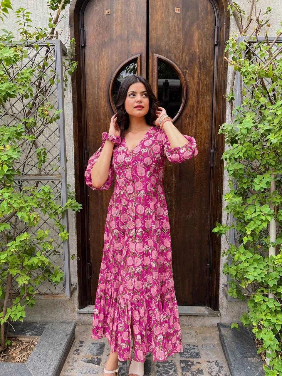 dark pink rayon digital printed gown