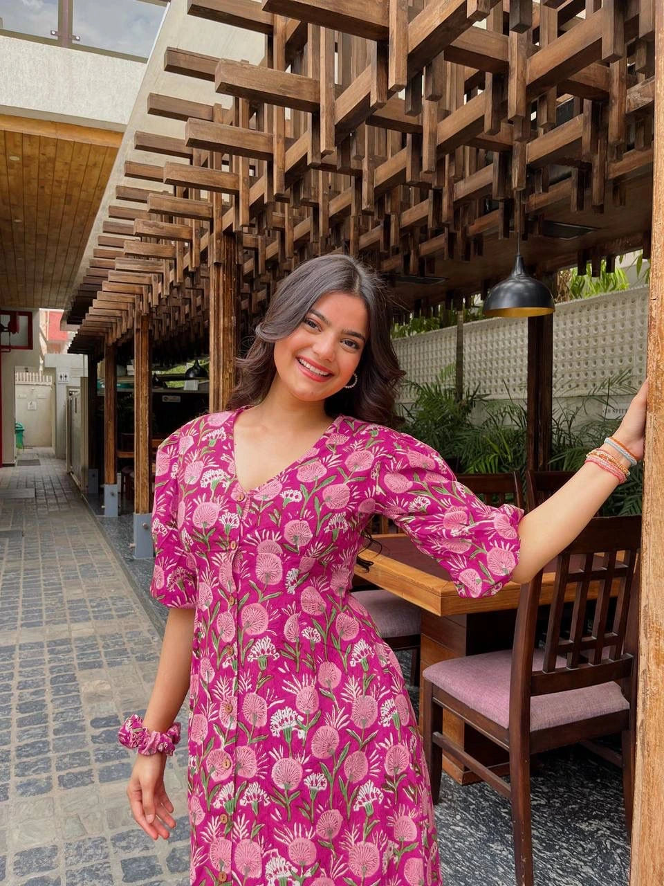 dark pink rayon digital printed gown