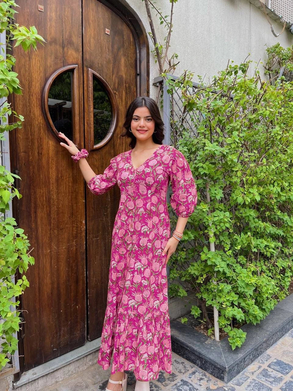dark pink rayon digital printed gown