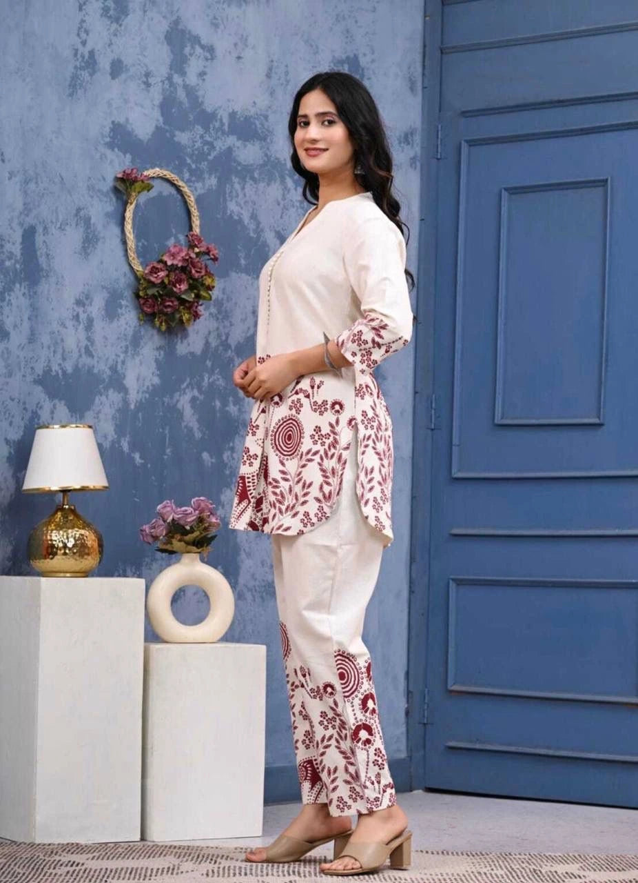 white printed rayon co ord set
