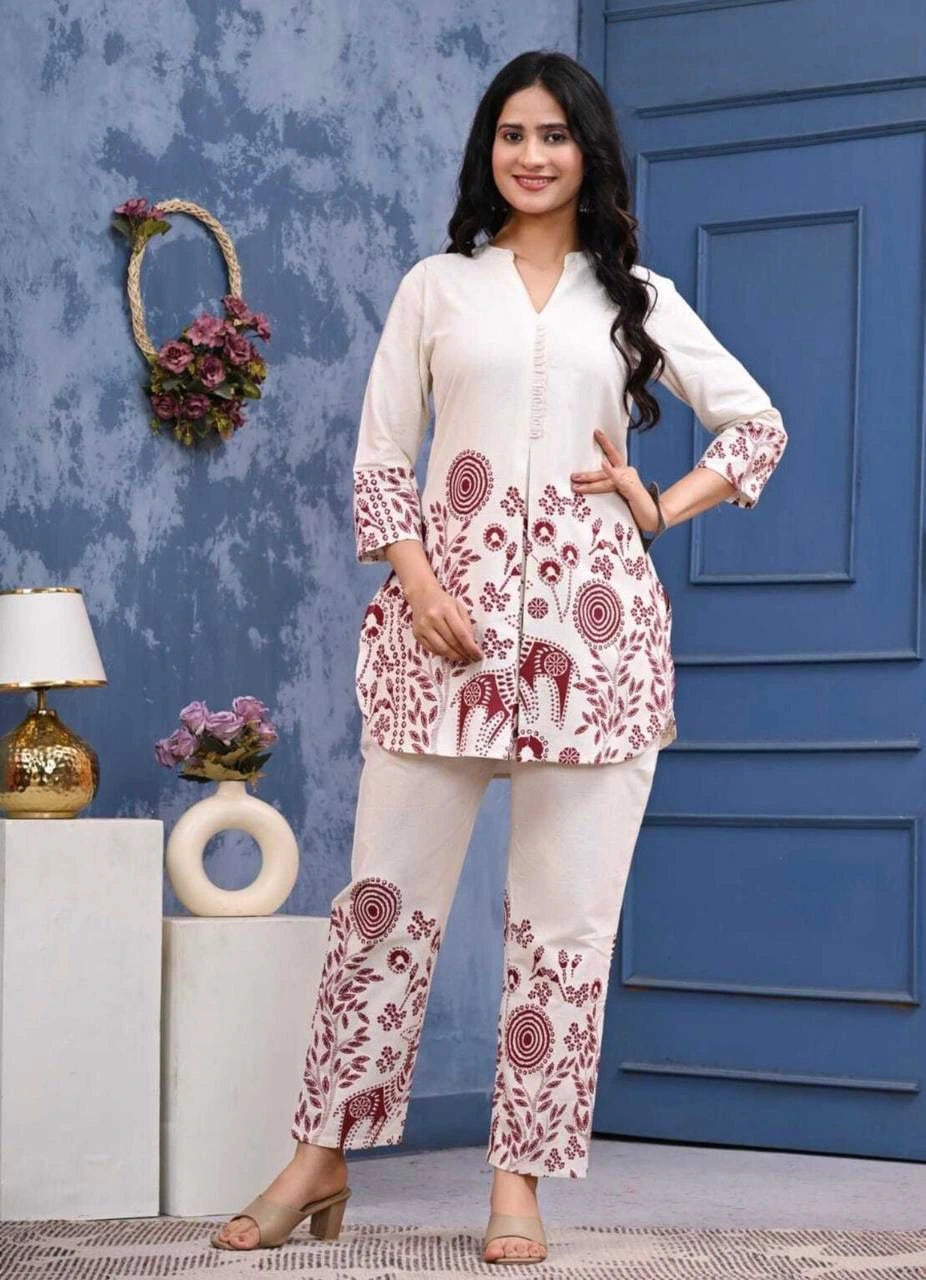 white printed rayon co ord set