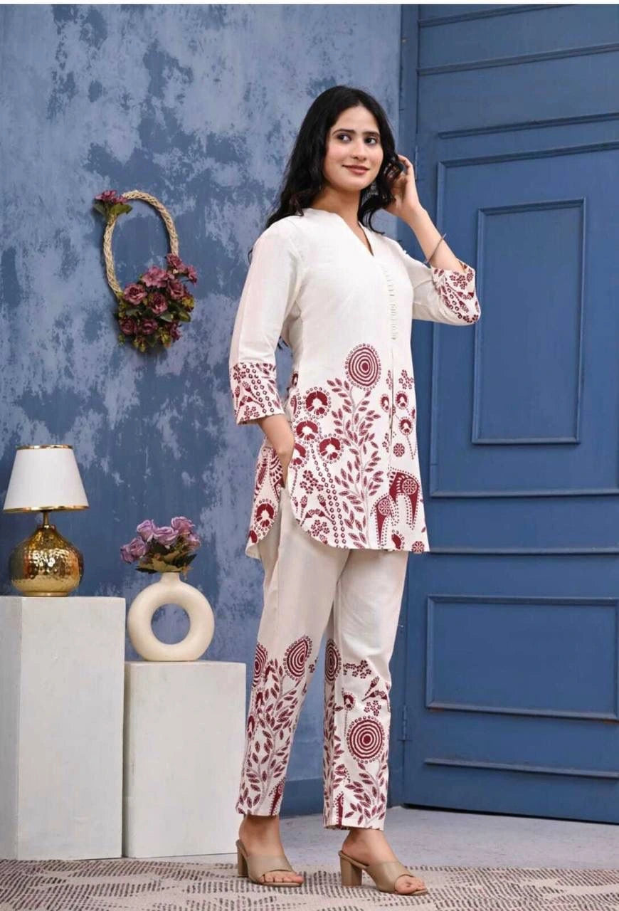 white printed rayon co ord set