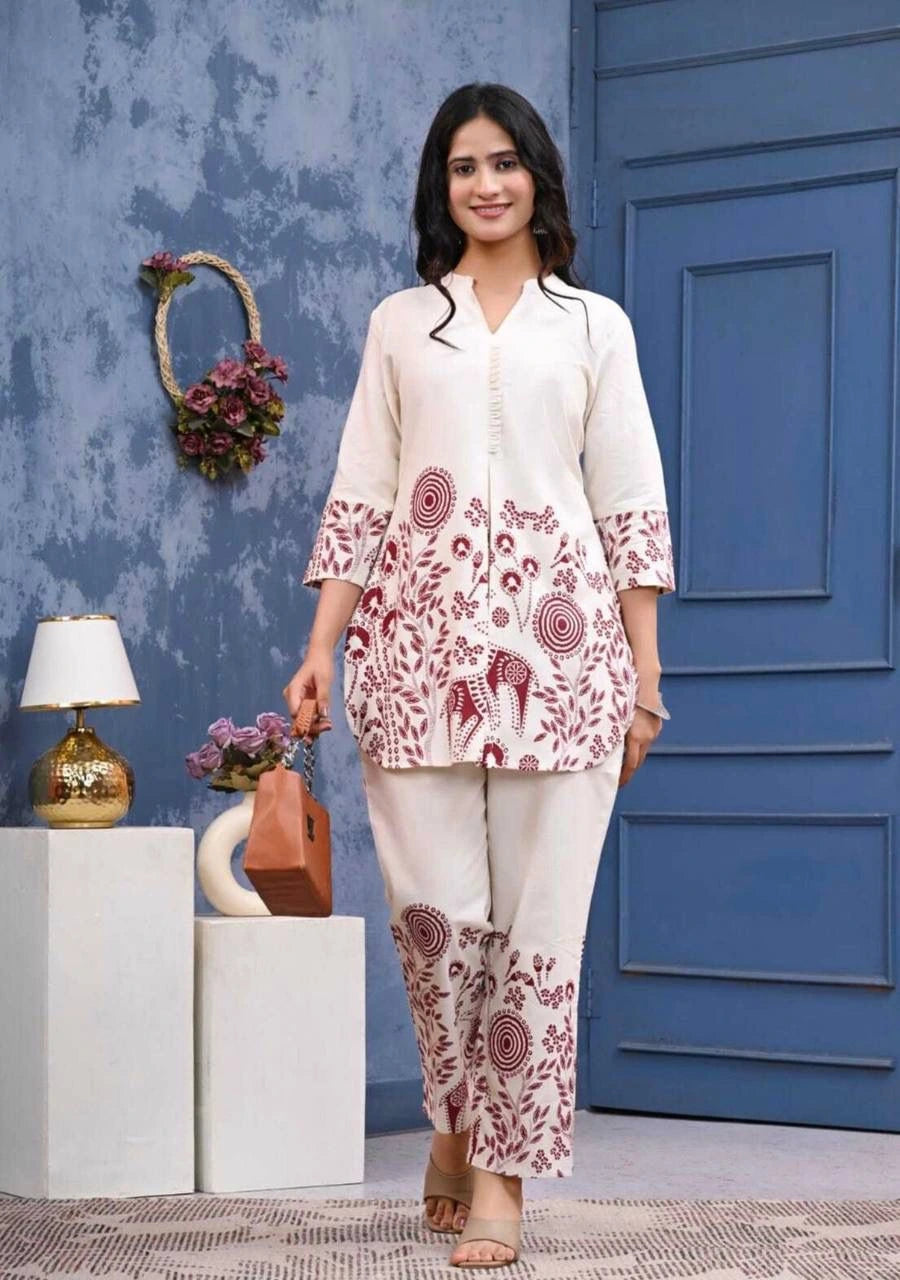 white printed rayon co ord set