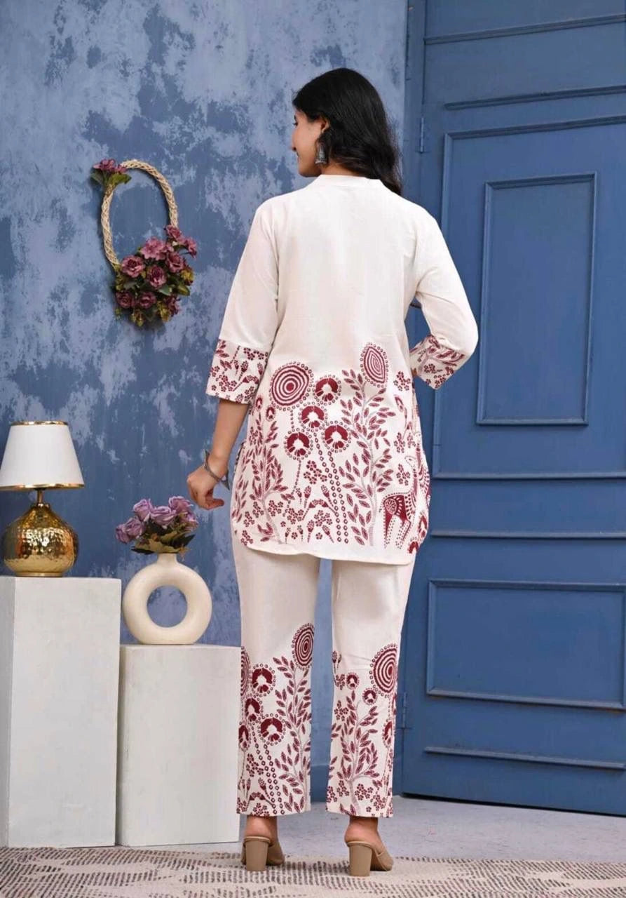 white printed rayon co-ord set