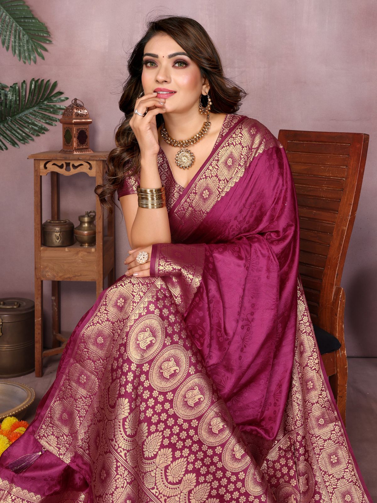 Wine Satin Silk Saree