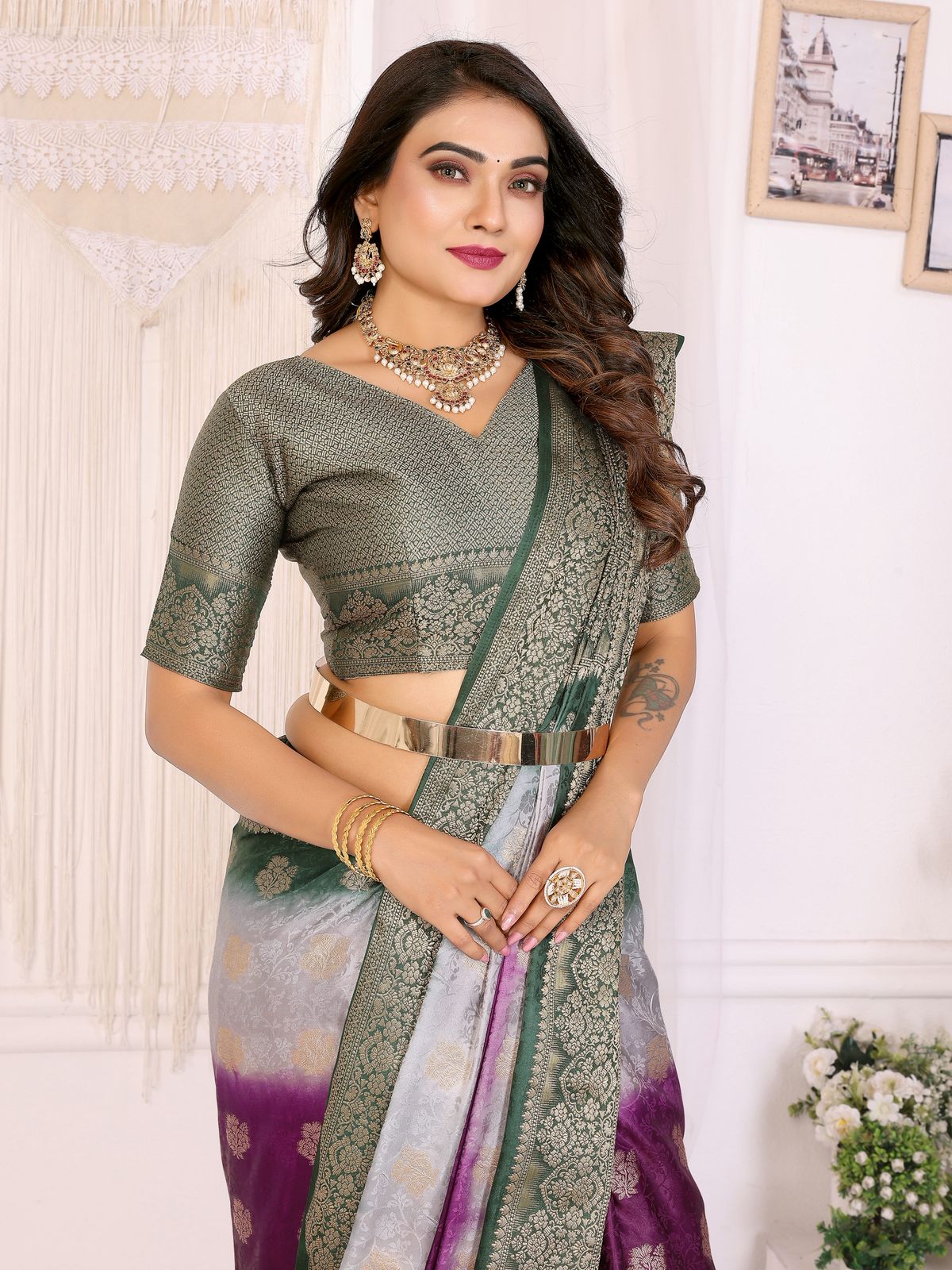 Wine Purple Satin Silk Saree