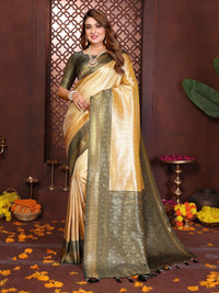 Dark Green, Beige Banarasi Tissue Silk Saree