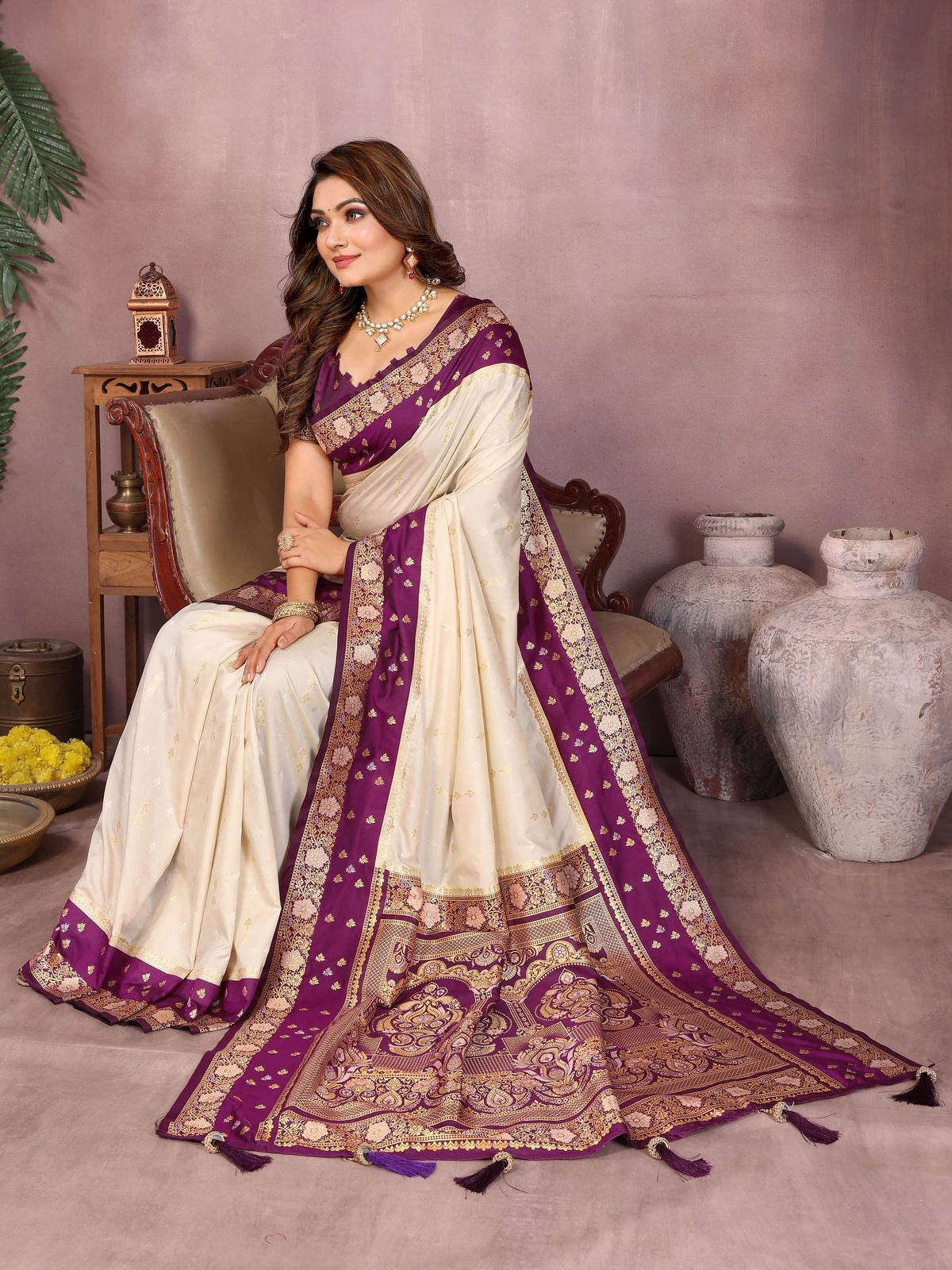 Beige Kalamkari Silk Saree