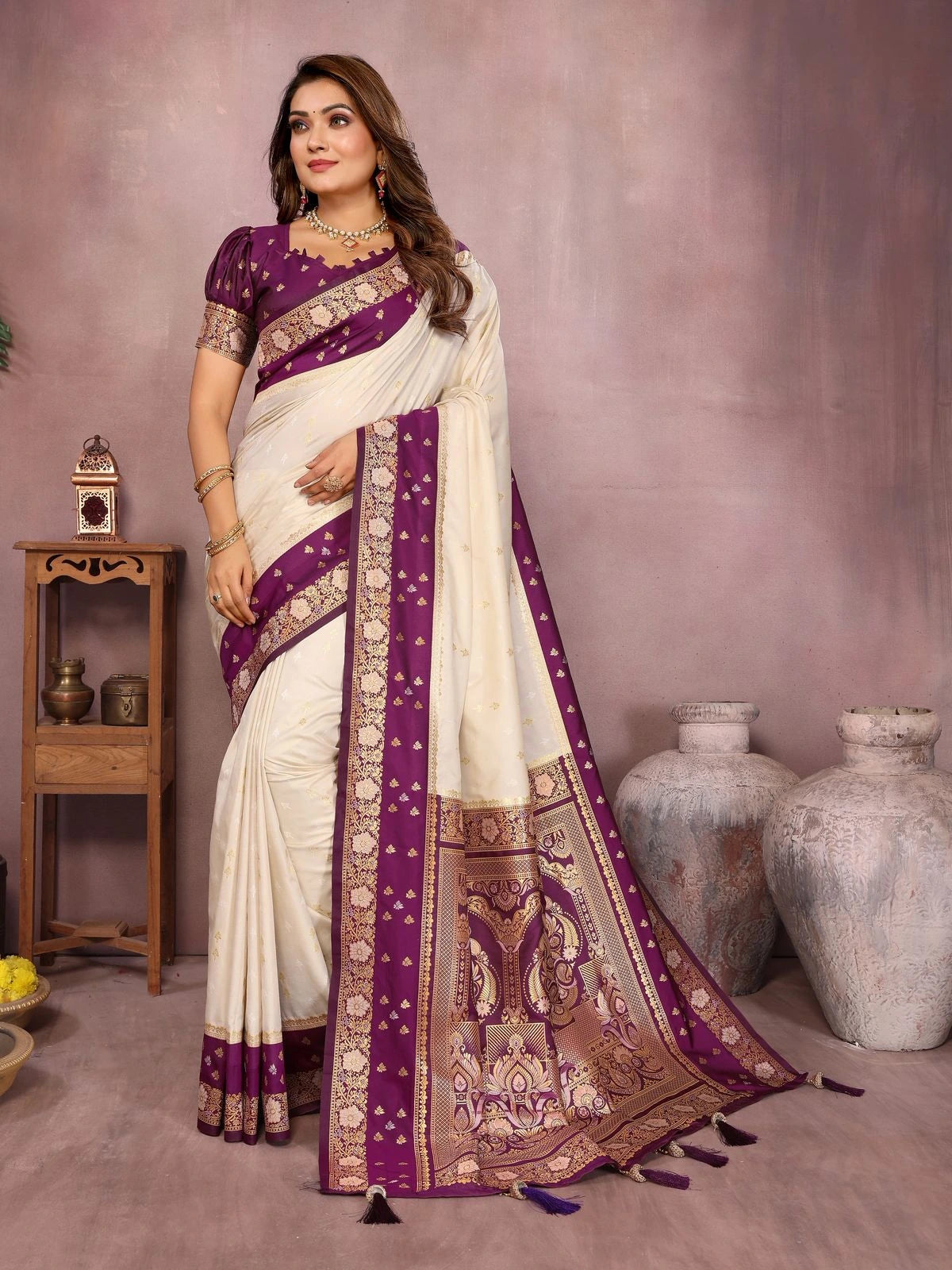 Beige Kalamkari Silk Saree