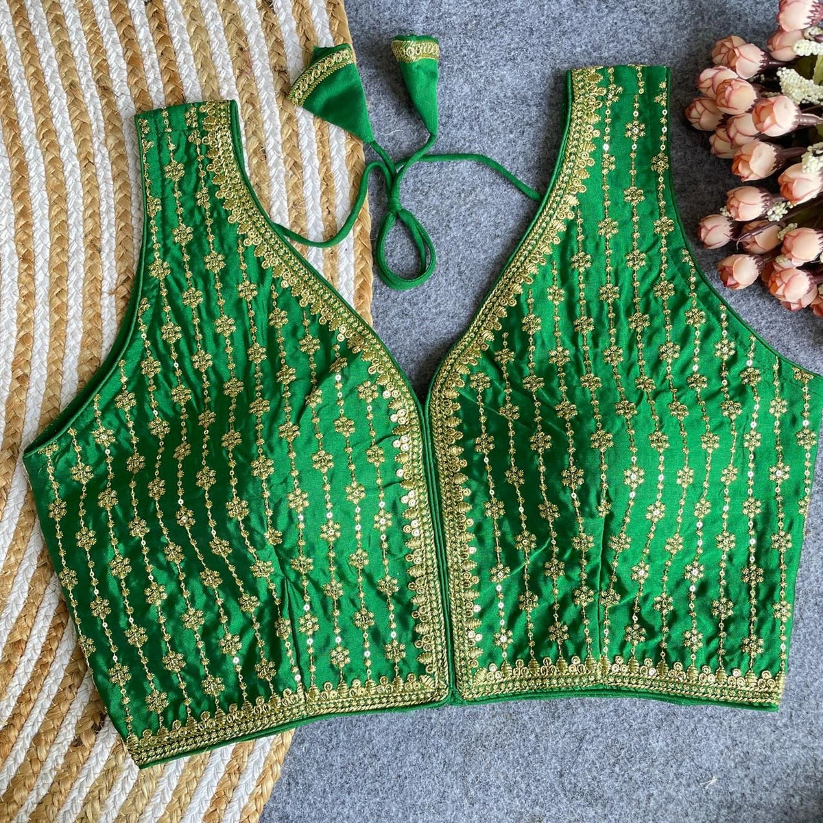 green embroiderd blouse with sequence work