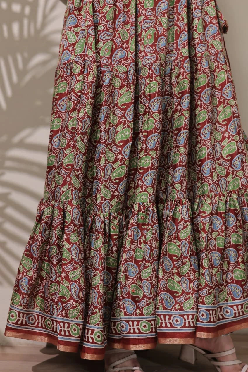 Colorful patterned skirt with a neutral background