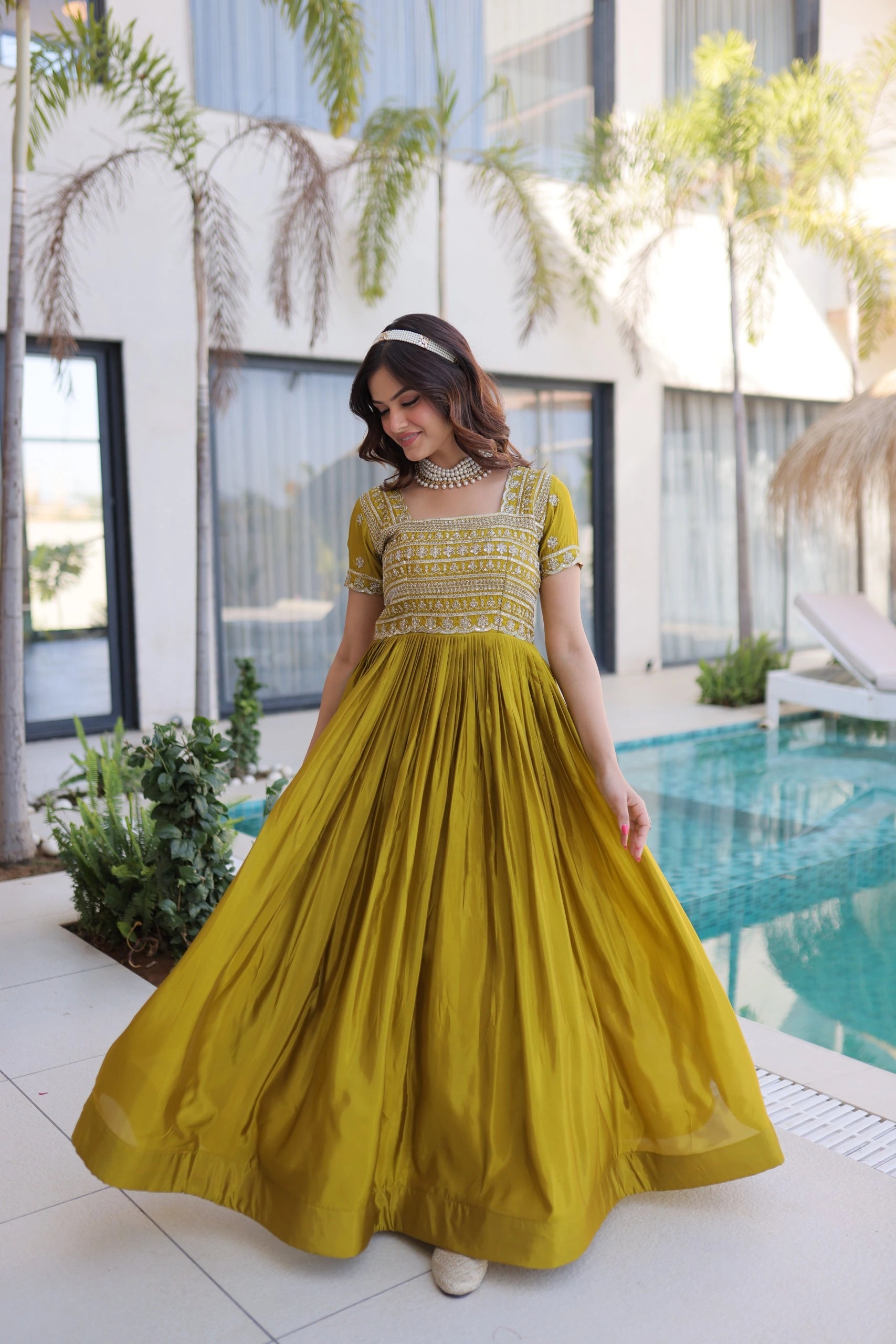 Olive Green Heavy Organza Dress