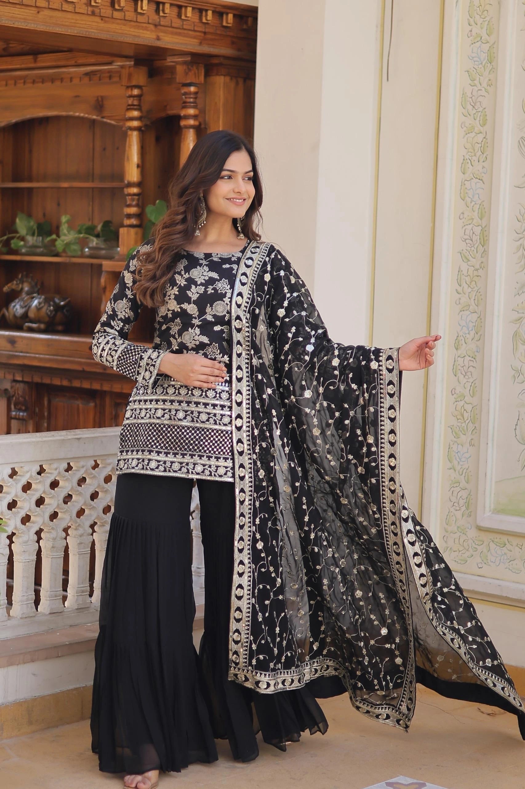 Black Viscose Jacquard Suit Kalyanja Fashion