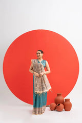 Woman in a traditional outfit standing next to earthen pots against a white background with a large red circle.