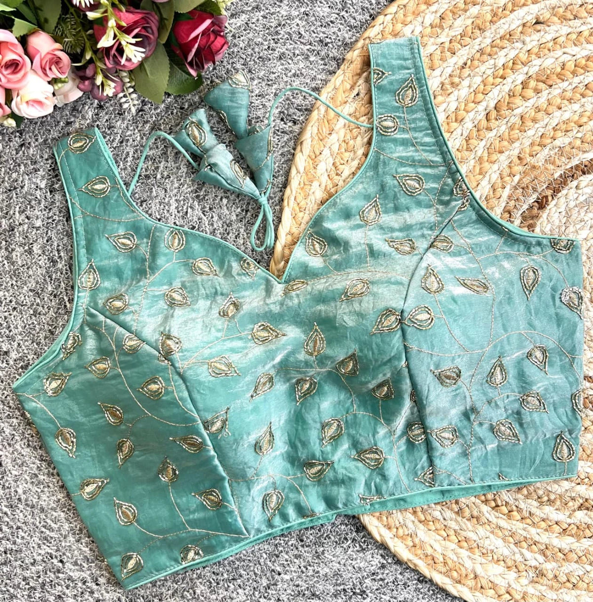 teal green sleeveless readymade designer blouse