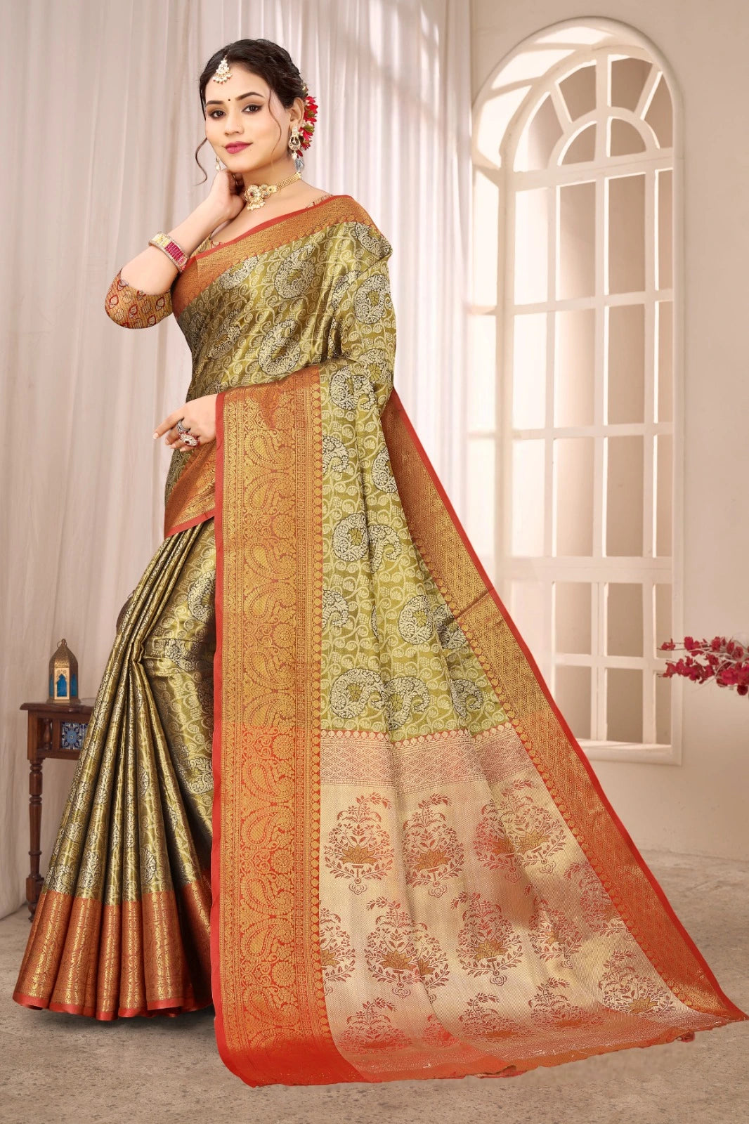 Golden Beige Soft Banarasi Silk Saree