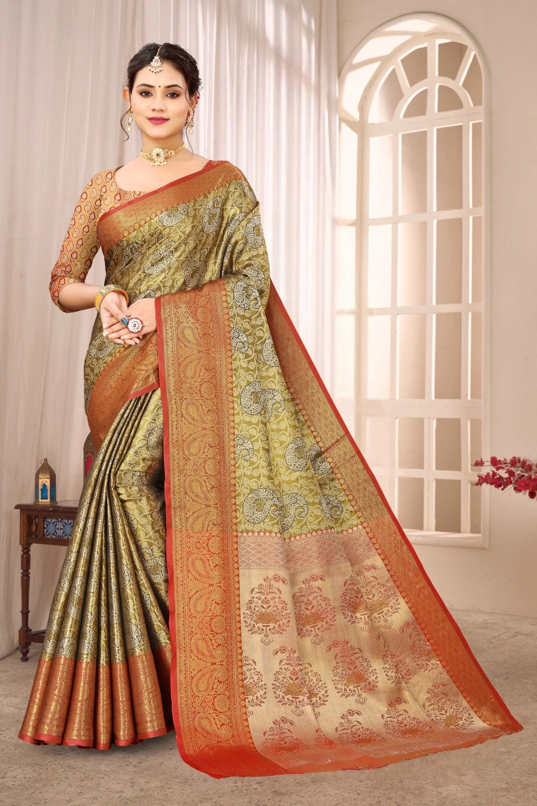 Golden Beige Soft Banarasi Silk Saree