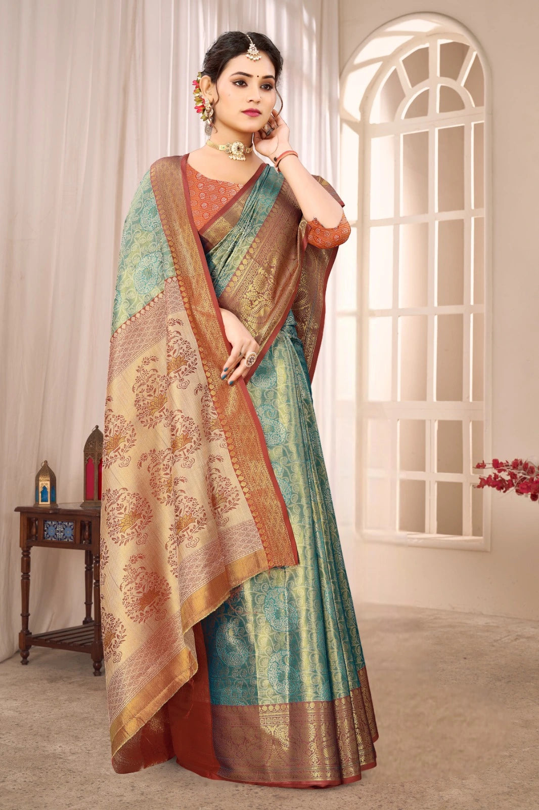 Teal Green Soft Banarasi Silk Saree