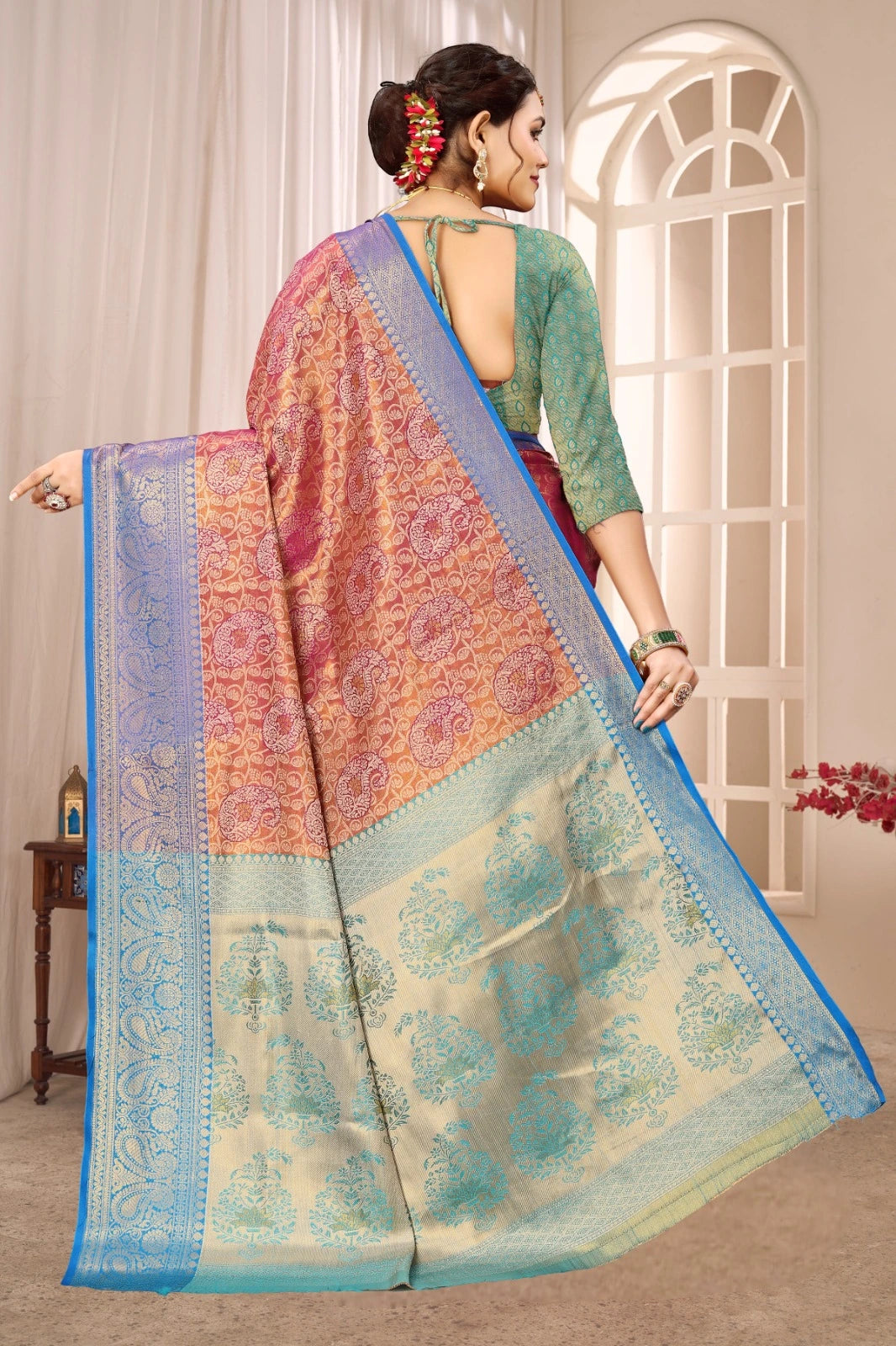 Woman wearing a colorful saree with a decorative pattern in a room setting.