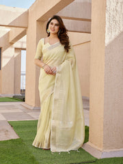 Pale Yellow Soft Tissue Linen Silk Saree