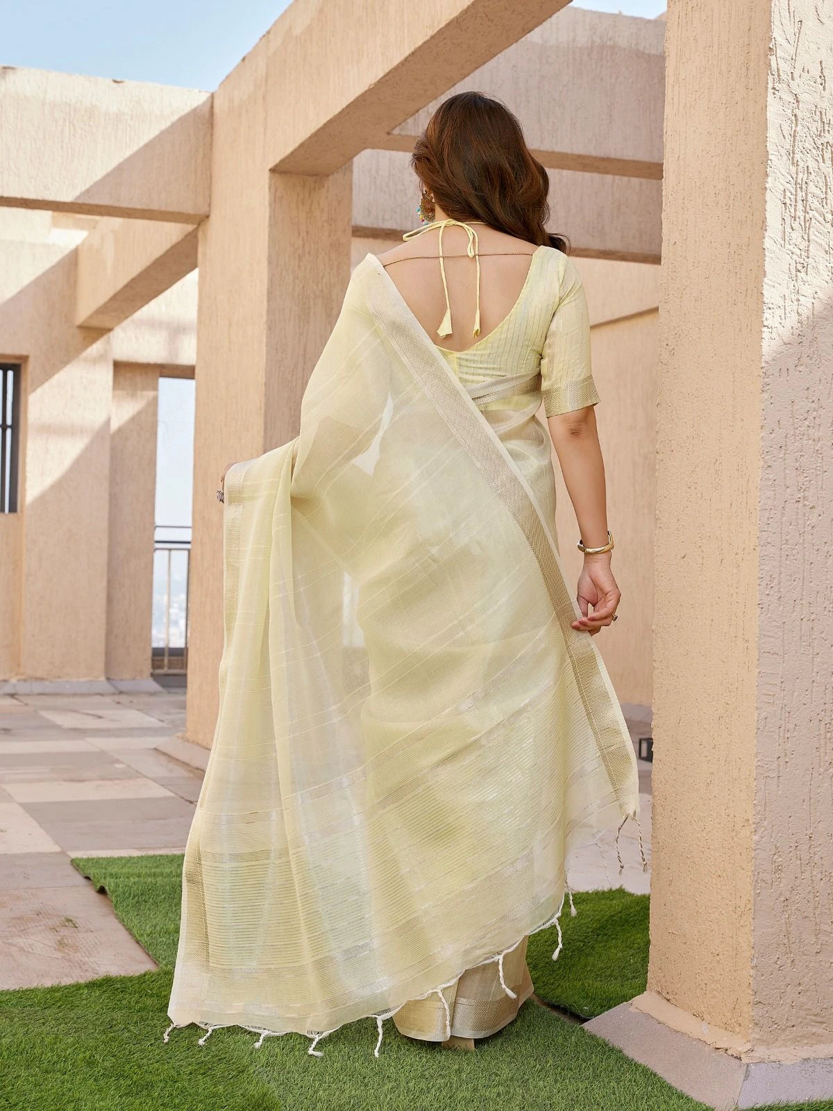 Pale Yellow Soft Tissue Linen Silk Saree