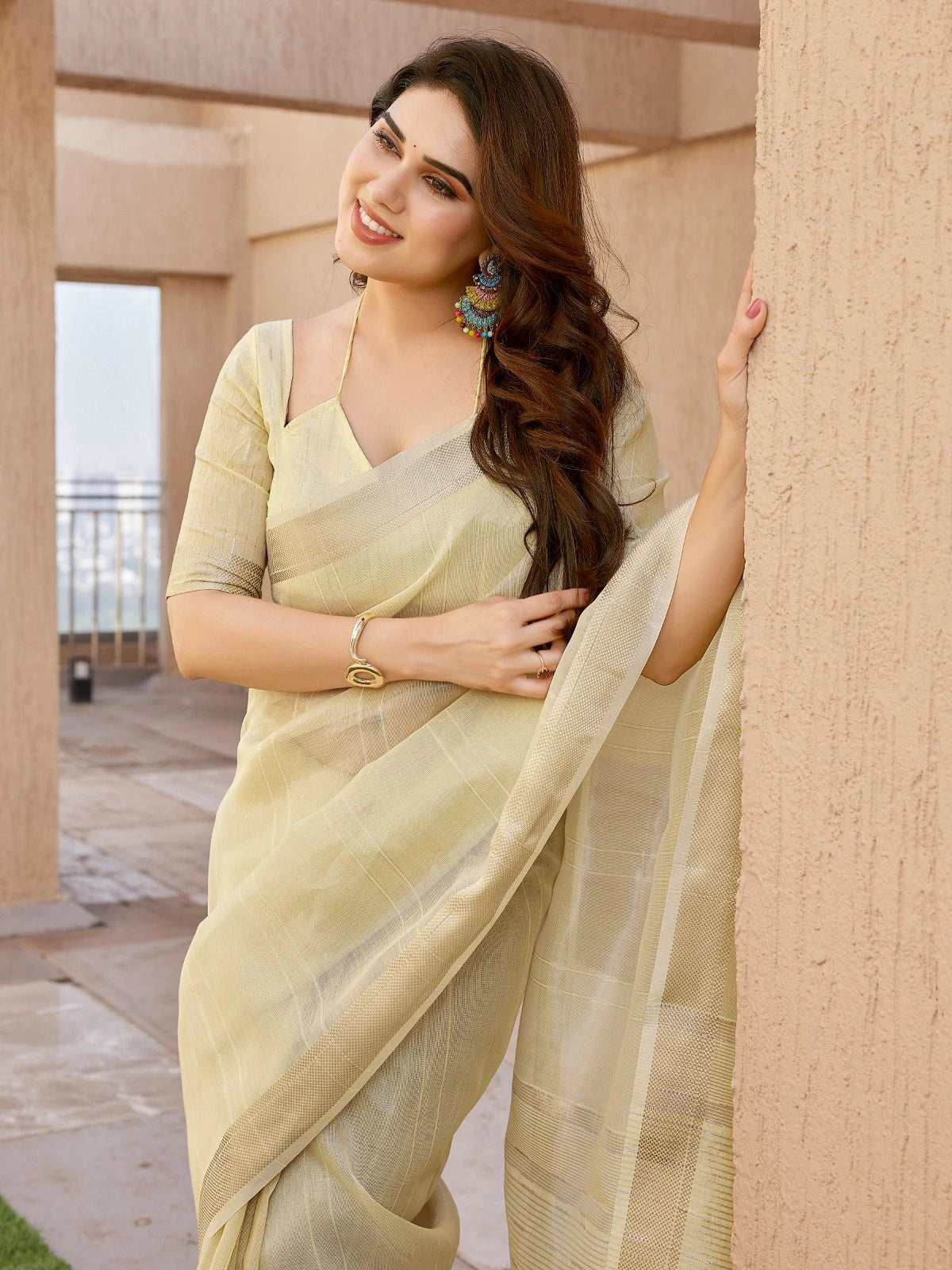 Pale Yellow Soft Tissue Linen Silk Saree