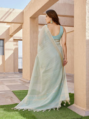 sea green art linen silk saree with zari weaving work