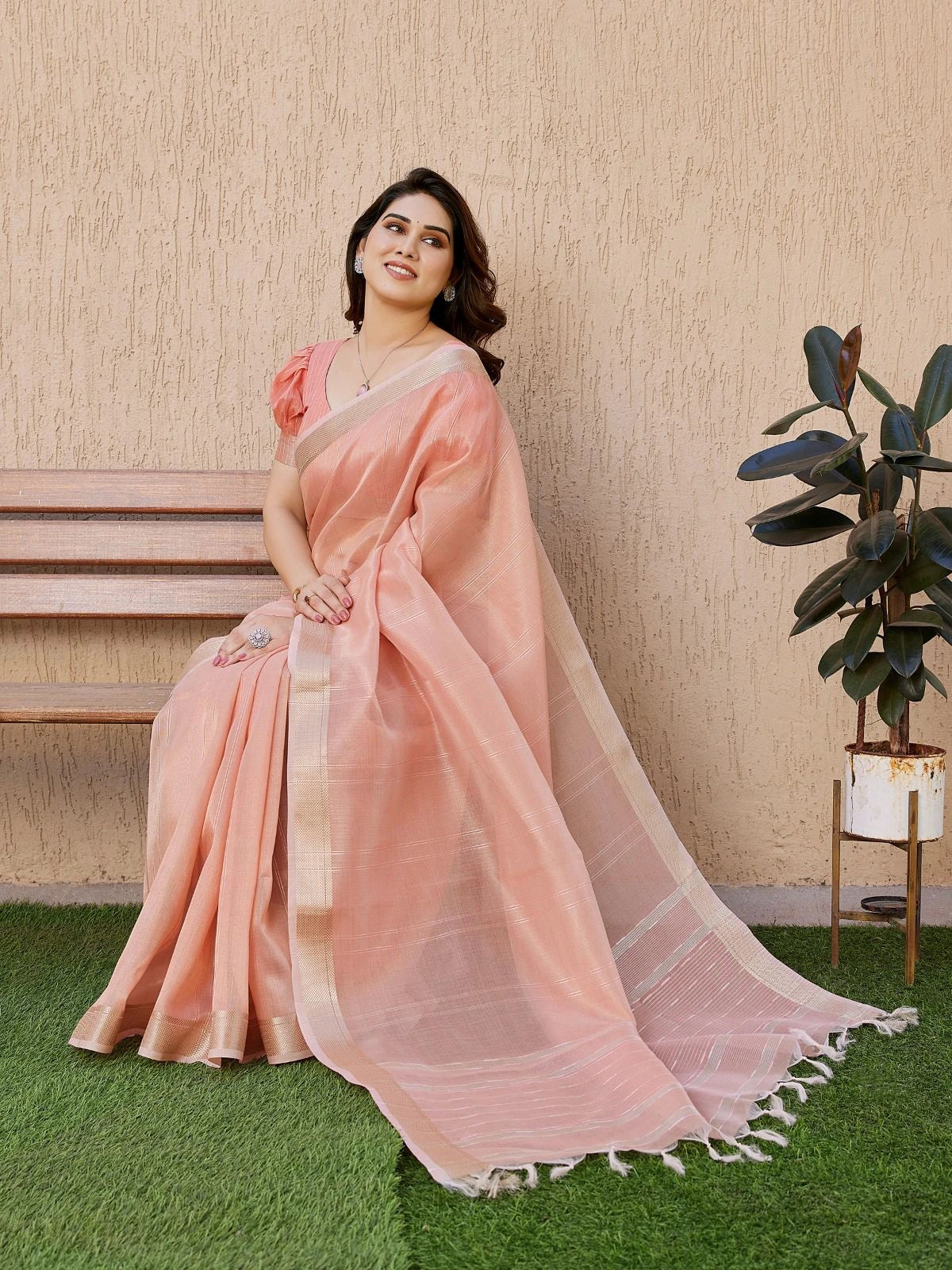 Peach Soft Tissue Linen Silk Saree
