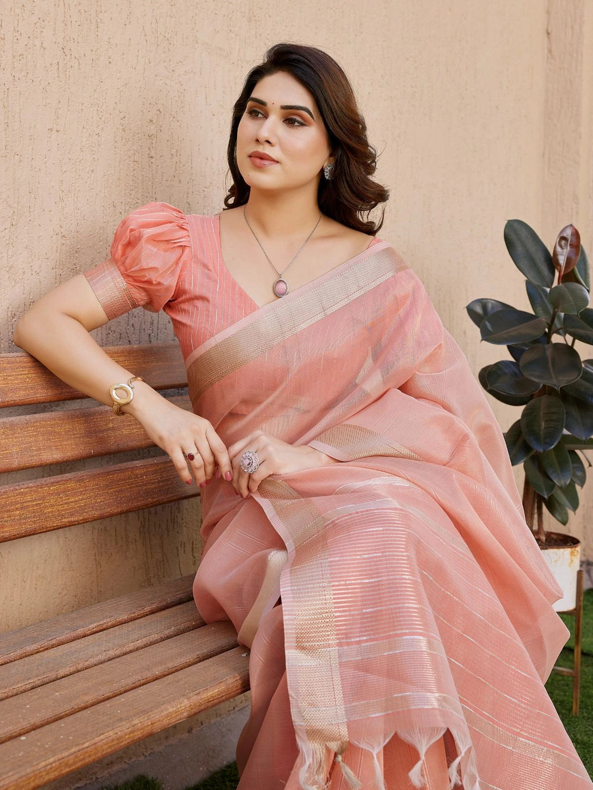 Peach Soft Tissue Linen Silk Saree