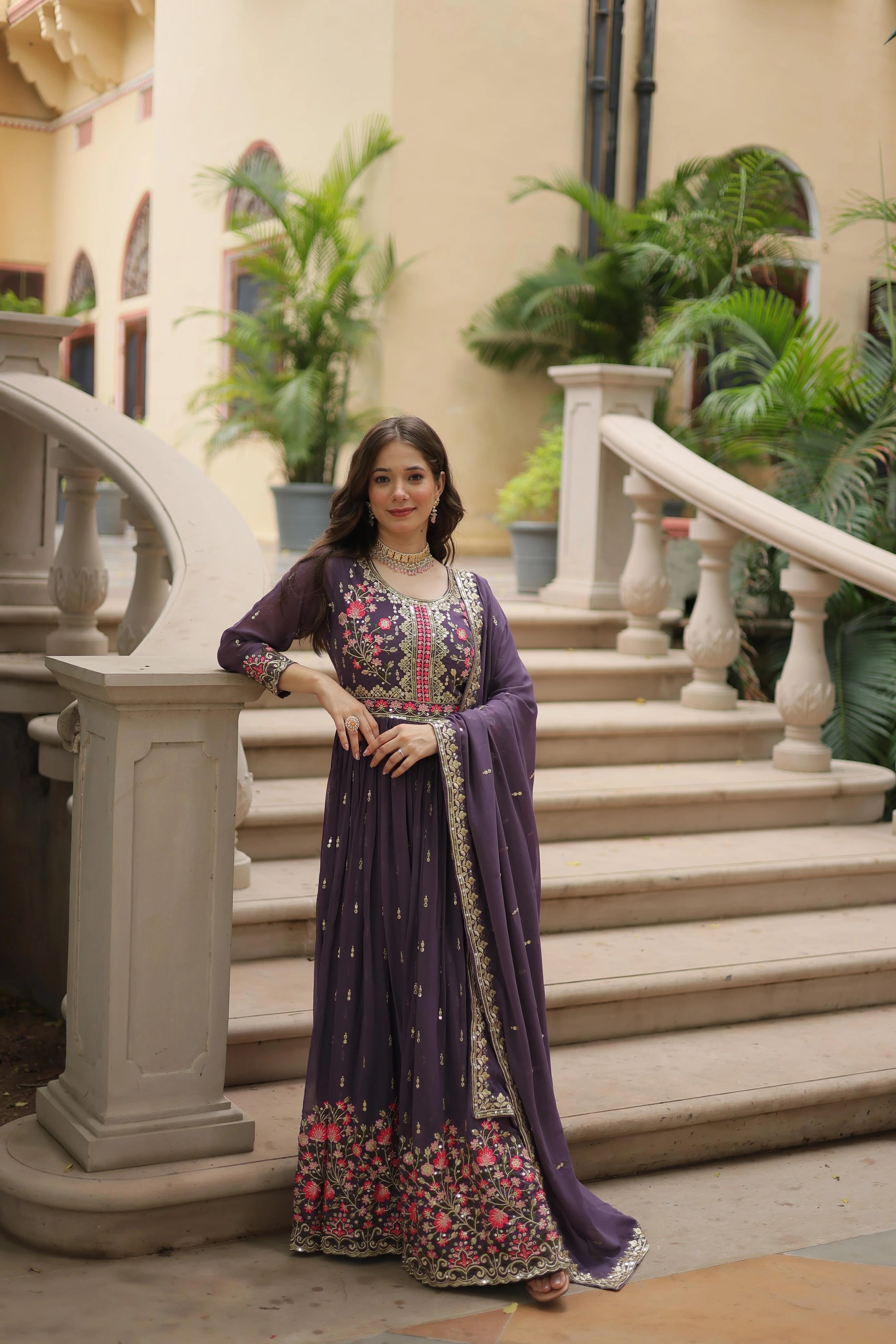 Plum Color Faux Georgette Heavy Work Fully Stitched Sharara Set
