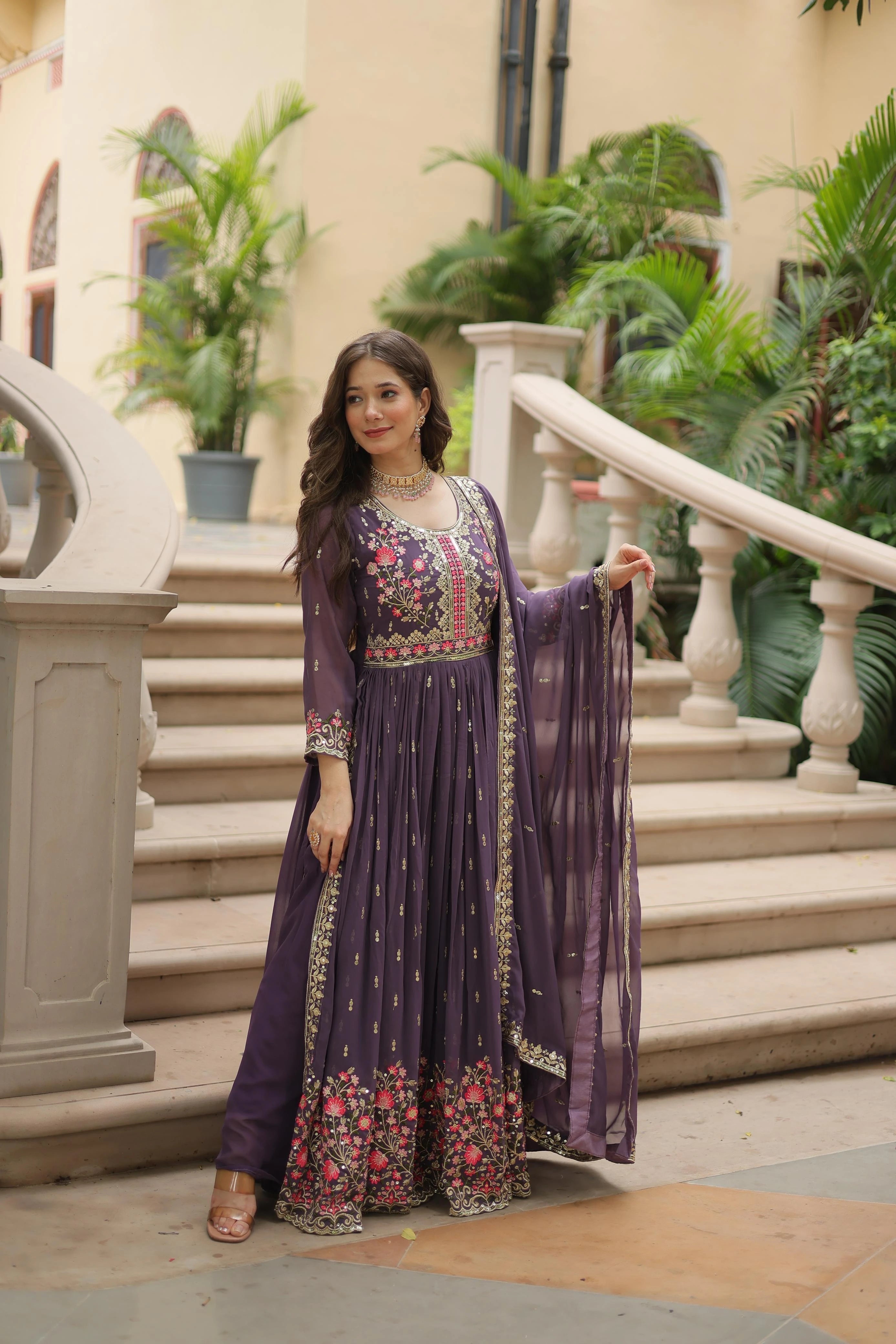 Plum Color Faux Georgette Heavy Work Fully Stitched Sharara Set