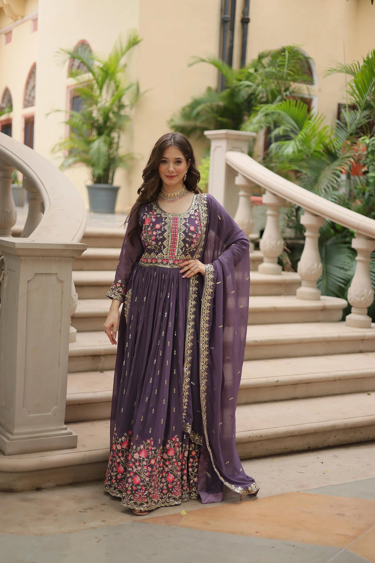 Plum Color Faux Georgette Heavy Work Fully Stitched Sharara Set