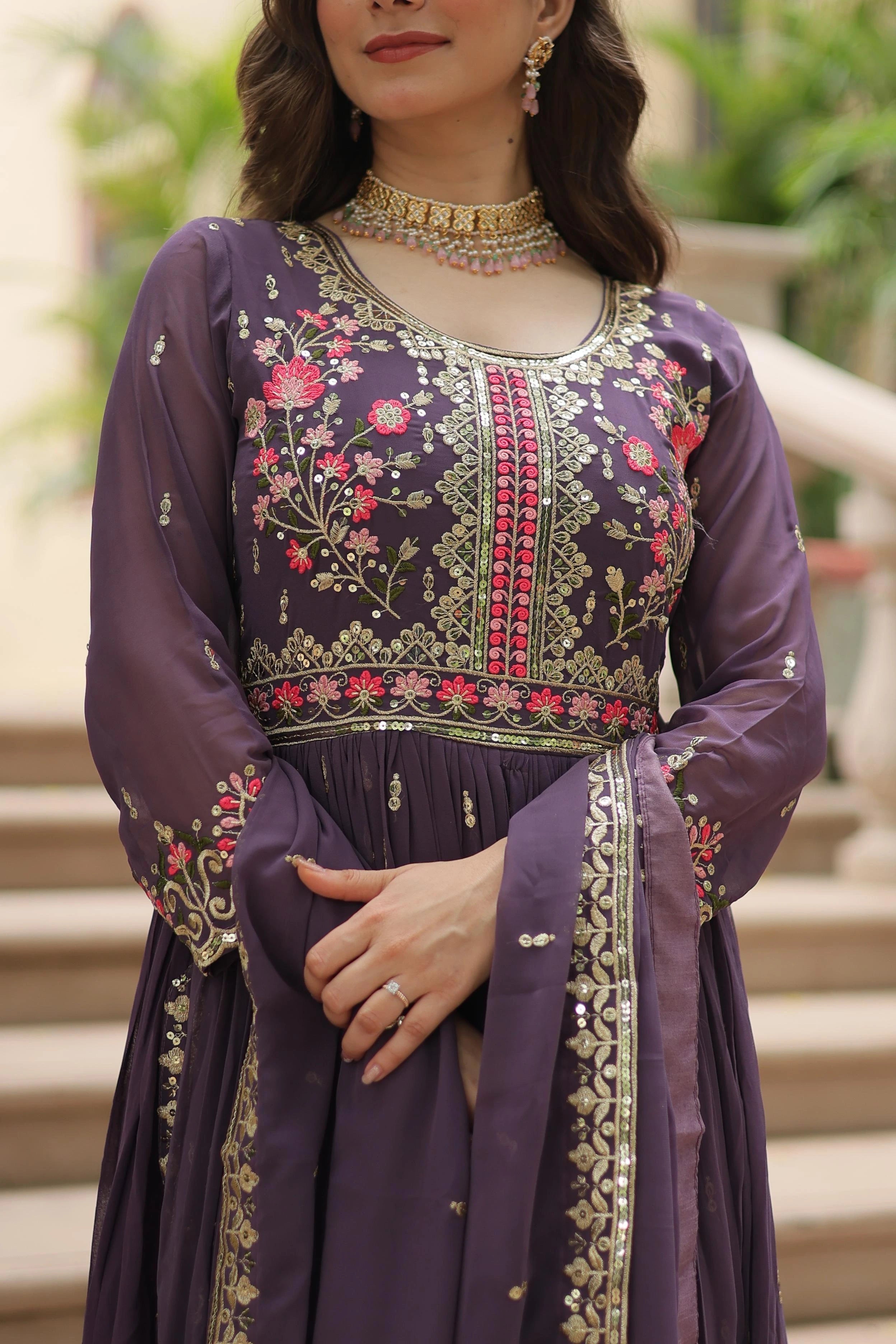 Plum Color Faux Georgette Heavy Work Fully Stitched Sharara Set close view