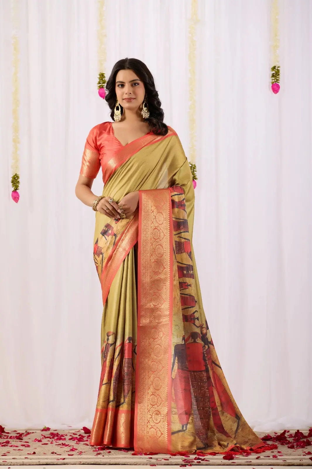 Golden Beige Saree – Zari Border, Party Wear