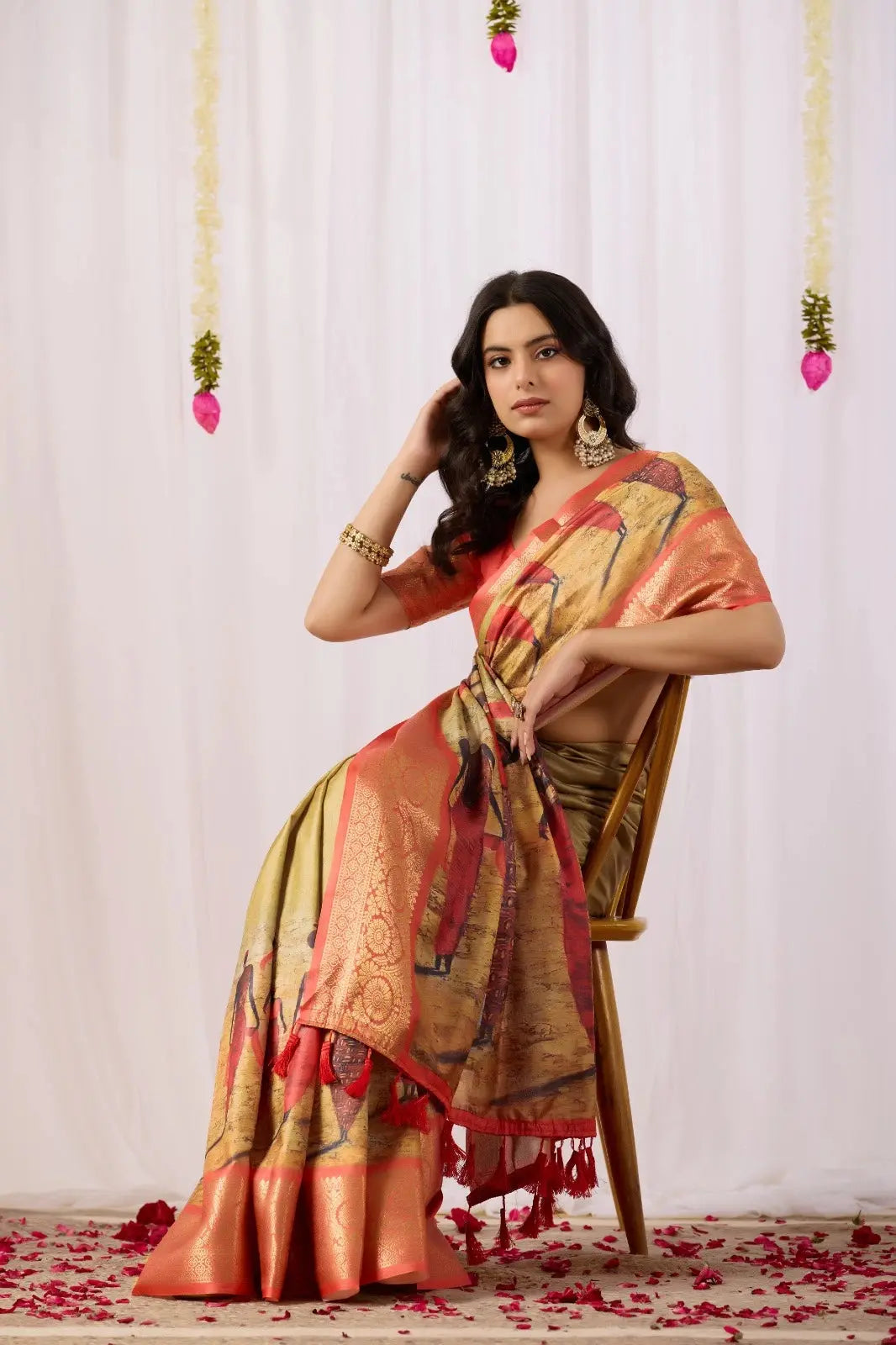 Golden Beige Saree – Zari Border, Party Wear