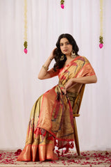 Golden Beige Saree – Zari Border, Party Wear