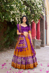 Mustard Yellow Floral Print Lehenga – Tussar Silk Blend, Foil Work, Navratri & Festive Wear