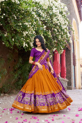 Mustard Yellow Floral Print Lehenga – Tussar Silk Blend, Foil Work, Navratri & Festive Wear