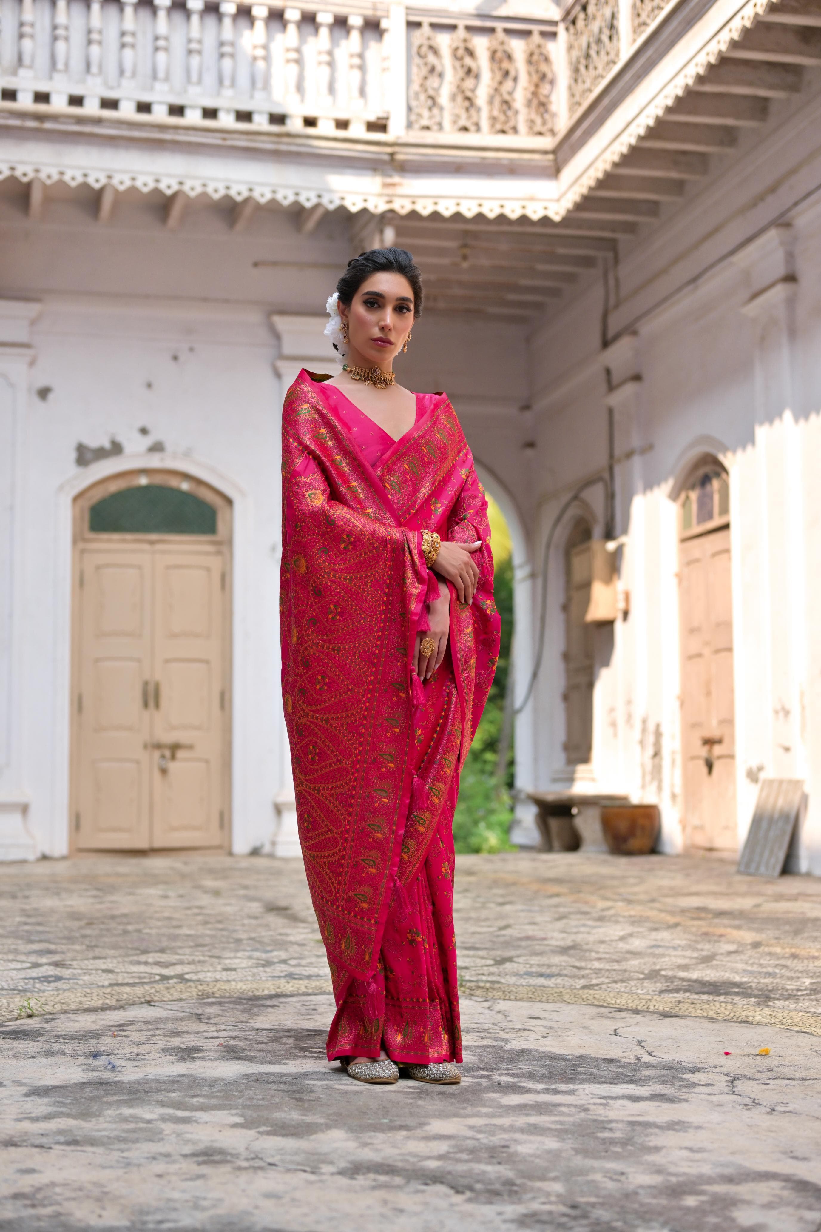 Dark Pink Zari Work Soft Pashmina Silk Saree