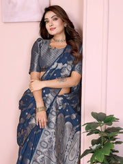 Rama Blue Zari Weaving Soft Georgette Banarasi Silk Saree