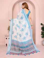 White Digital Floral Print Saree back view – ethnic printed pallu spread with teal border and tassel hem