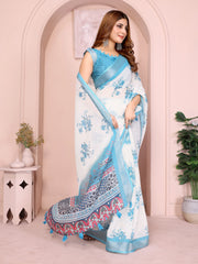 White Digital Floral Print Saree pallu detail – multiband ethnic print in blue pink grey with teal tassels
