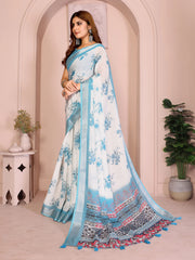 White Digital Floral Print Saree side drape – blue floral body with ethnic printed pallu and teal tassels