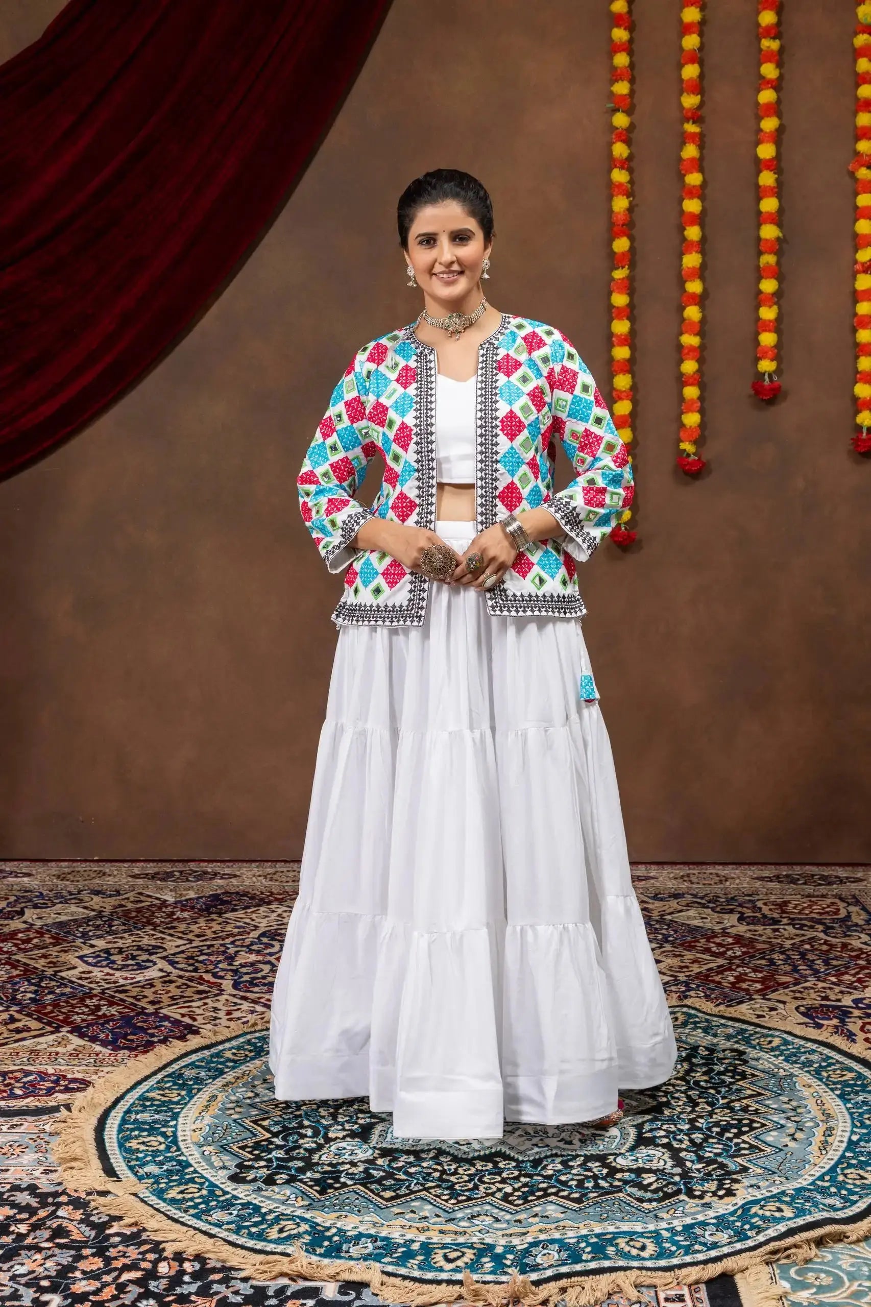Full length front view of white pure rayon lehenga with multicolor mirror-work bandhej koti