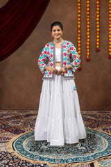Full length front view of white pure rayon lehenga with multicolor mirror-work bandhej koti