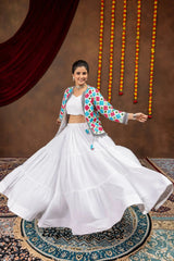 White embroidered mirror work lehenga with bandhej jacket, twirling front view