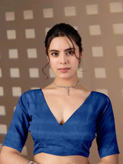 White Stripe Saree Royal Blue running blouse close-up with V-neck