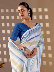 White Stripe Saree – upper drape close-up showing blue and yellow stripe detail