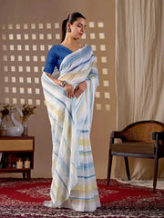 White Stripe Saree – three-quarter front view showing full striped drape
