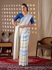 White Stripe Digital Print Saree – elegant front draping pose with Royal Blue blouse